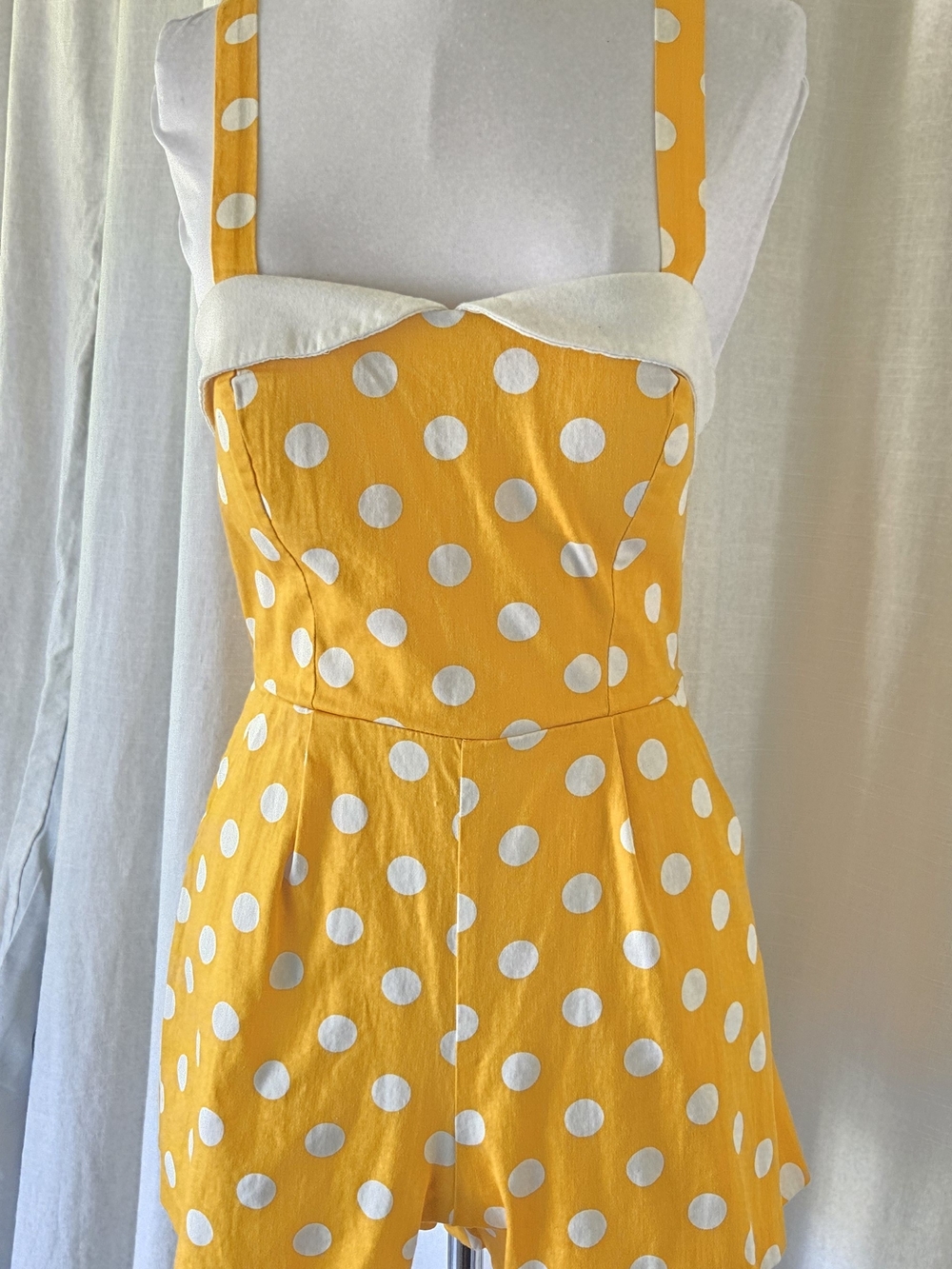 Vintage IXia -Yellow Polka Dot Romper with White Trim- Small